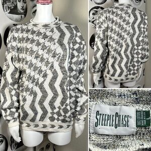 Steeplechase Vintage 80s Cream & Tan Mixed Pattern 100% Cotton Knit Sweater Sz L